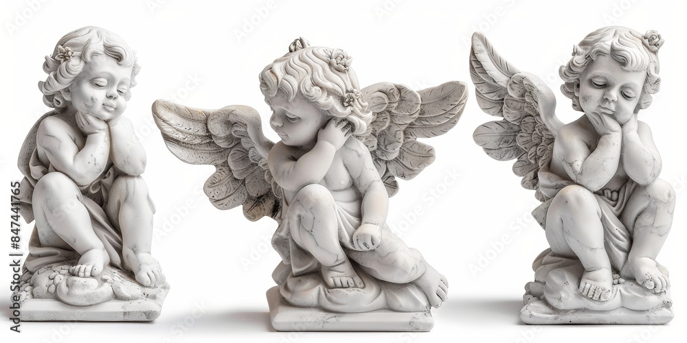 Fototapeta premium Cute Angel Marble Statues on White Background - AI-generated Artwork for Wallpaper and Background