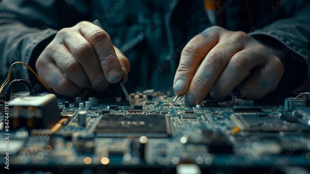 Electronic Circuit Repair - Close-up Images Of Hands Working On Circuit Boards. A Man Working On A Computer Chip, Showcasing Precision And Focus. Skilled Technician/Engineer Handling Components. Electronic Circuit Repair - Close-up Images Of Hands Working On Circuit Boards. A Man Working On A Computer Chip, Showcasing Precision And Focus. Skilled Technician/Engineer Handling Components.