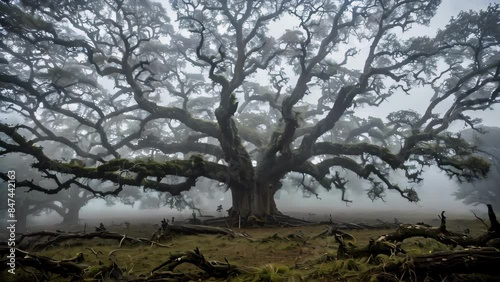 Ancient Oak Tree in Foggy Forest Landscape