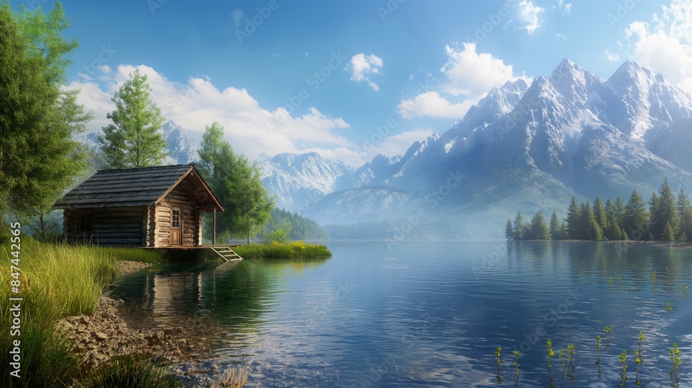 A small cabin by a calm lake with majestic mountain views on a sunny day. A small cabin by a calm lake with majestic mountain views on a sunny day.