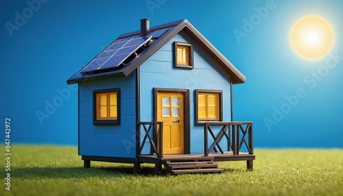 A blue house with solar panels on the roofHouse with solar panel roof for alternative ecofriendly photo