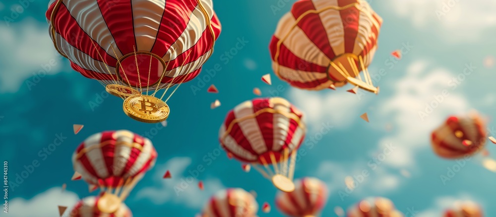 Fototapeta premium Bitcoin Themed Hot Air Balloons in the Sky with Blue and White Clouds