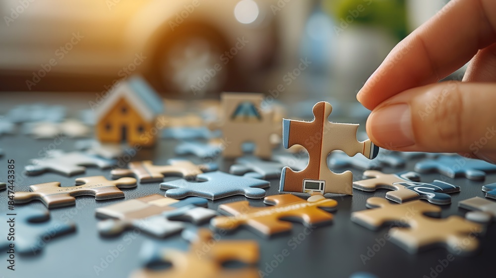 Close-up of a hand arranging colorful jigsaw puzzle pieces on a table against blurred background Close-up of a hand arranging colorful jigsaw puzzle pieces on a table against blurred background