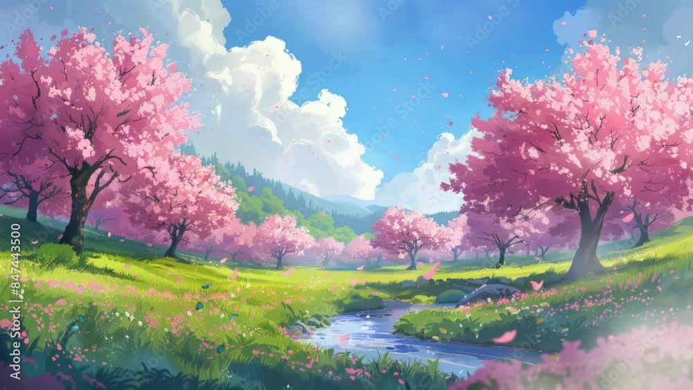 Blossoming Cherry Trees in a Sunlit Meadow Blossoming Cherry Trees in a Sunlit Meadow