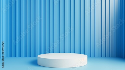 Minimalist Blue Abstract Background with Round Podium on Ridged Surface