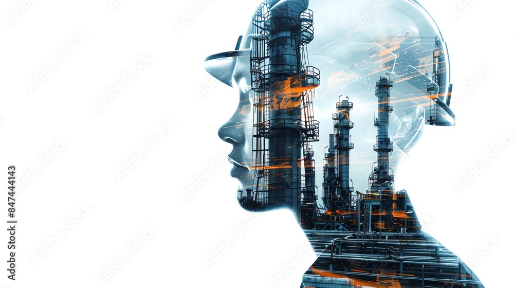 Double exposure of the oil and gas industry with a profile head resembling an engineer wearing a helmet on a white background, double shot Double exposure of the oil and gas industry with a profile head resembling an engineer wearing a helmet on a white background, double shot