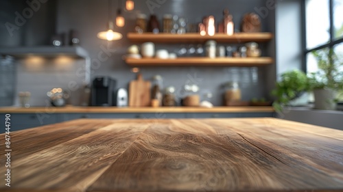 Rustic Wooden Countertop in Modern Kitchen with Shelves and Plants