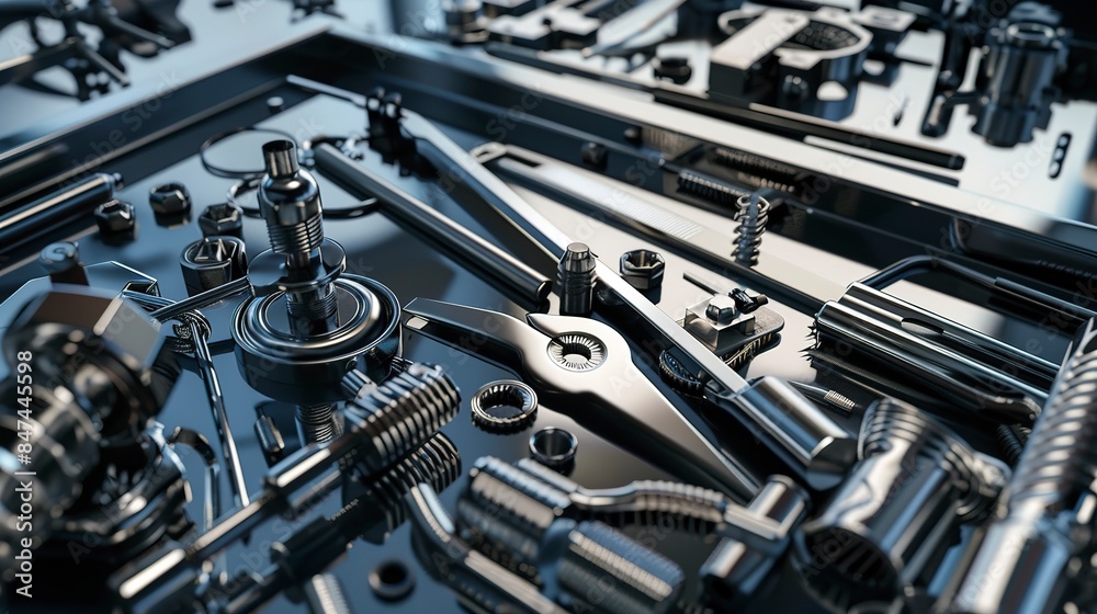 Fototapeta premium Engineering tools spread on factory bench, close-up, no humans, essentials for design, clear lighting