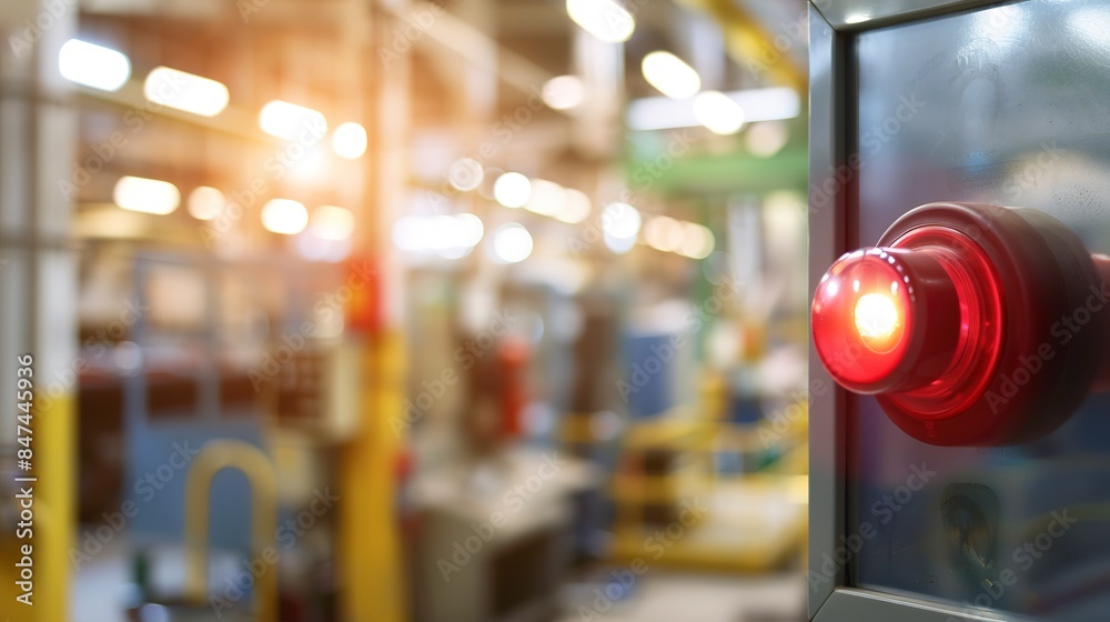Close-up of emergency stop button in factory, industrial safety, no people, urgent red, clear focus light Close-up of emergency stop button in factory, industrial safety, no people, urgent red, clear focus light