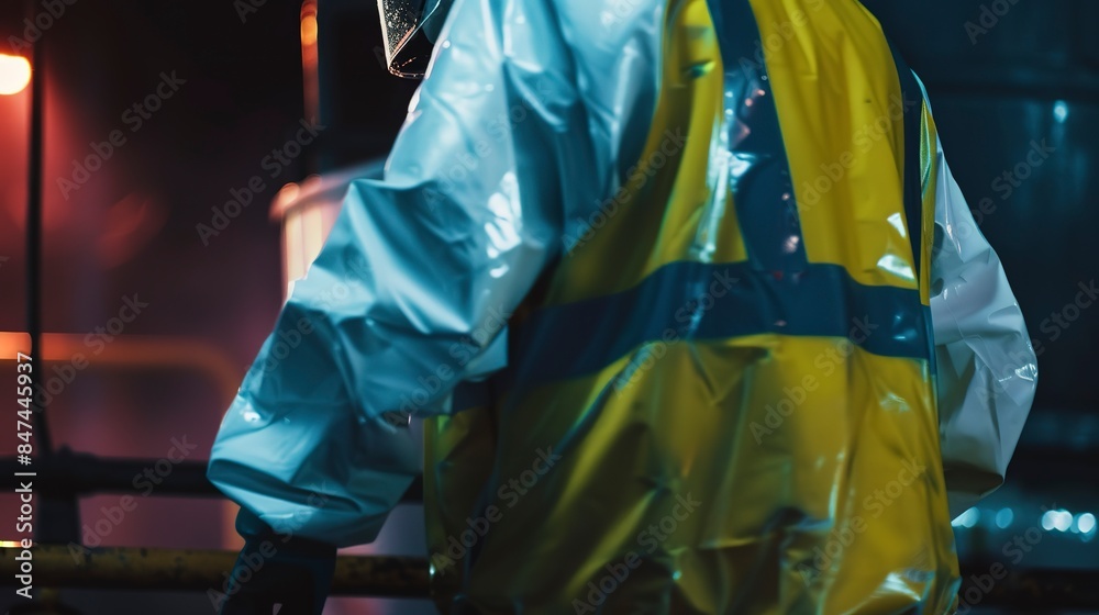 Obraz premium Factory spill containment kit, close-up, accident response, no humans, safety gear, dim lighting 