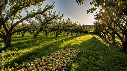 Golden Apples Glowing in the Morning Sun in an Orchard