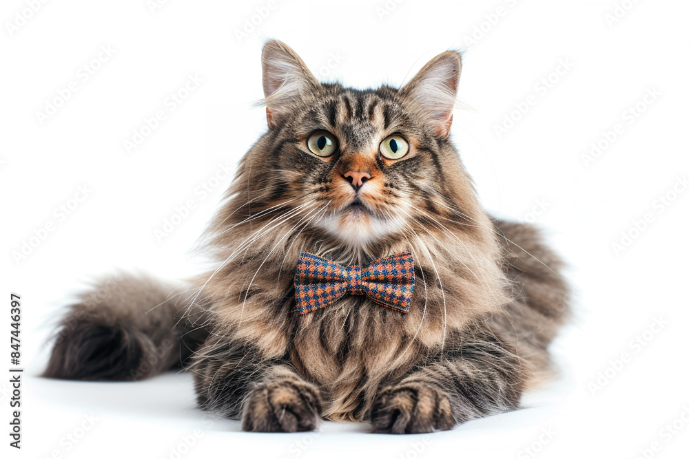 Obraz premium fluffy Norwegian Forest cat sporting a bow tie, cat fashion, elegant feline, stylish pet, adorable kitty, formal attire, indoor studio shot