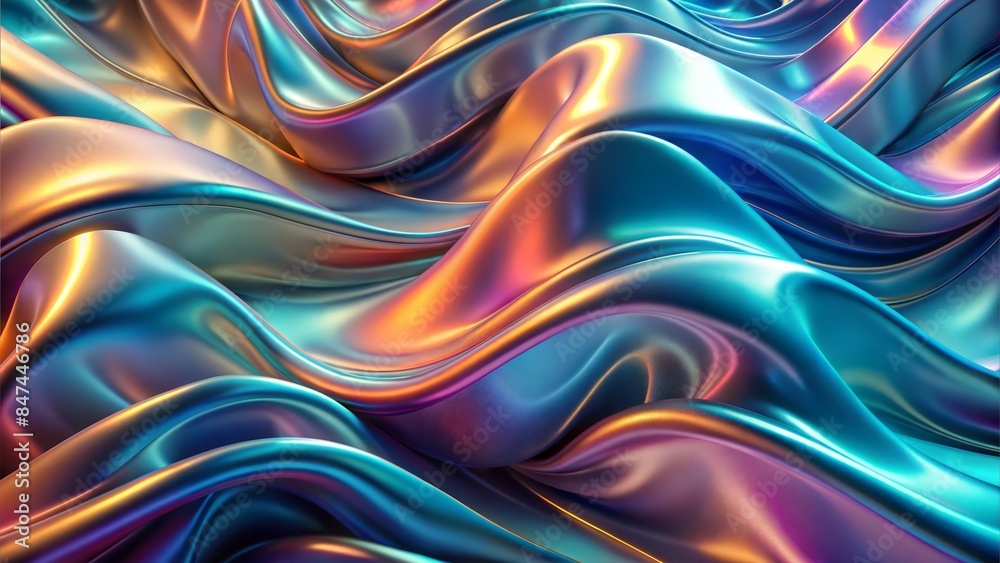 Cloth fabric gradient waves abstract background. Iridescent chrome wavy surface. Liquid surface, ripples, reflections. 3d render illustration.
Cloth fabric gradient waves abstract background. Iridescent chrome wavy surface. Liquid surface, ripples, reflections. 3d render illustration.