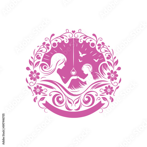 Pink and White Illustration of Child and Mom which Symbolizes Affection
