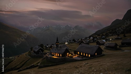 Mountain Village Church at Twilight in the Austrian Alps