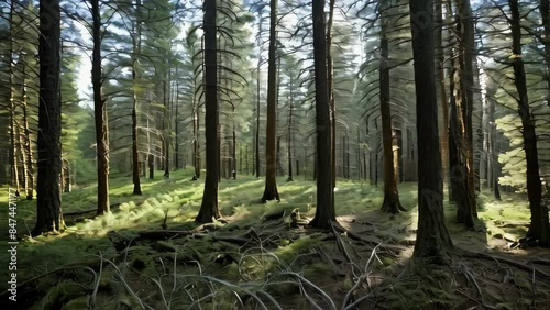 Sunbeams Through Tall Trees in a Summer Forest