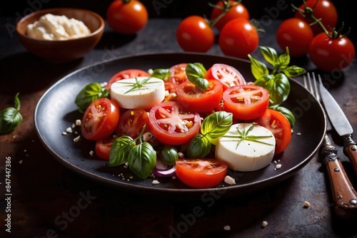 Tomato mozzarella cheese vegetable fresh appetizer salad snack, traditional Italian cuisine