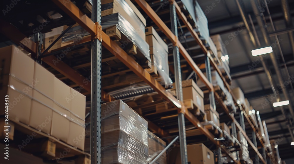 Close-up of warehouse shelving in factory, supply chain storage, no people, organized boxes, neutral light Close-up of warehouse shelving in factory, supply chain storage, no people, organized boxes, neutral light