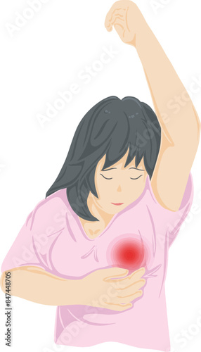 Drawing of a woman holding her breasts Medical illustrations. Breast cancer: nipple pulling, armpit pain, dimpling, lumps or thickenings, skin irritation. Flat vector illustration.