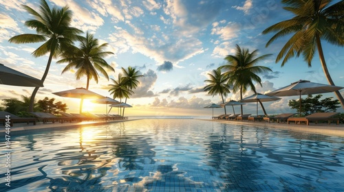 Clean and beautiful swimming pool in luxury hotel resort with palm trees and sunset.
