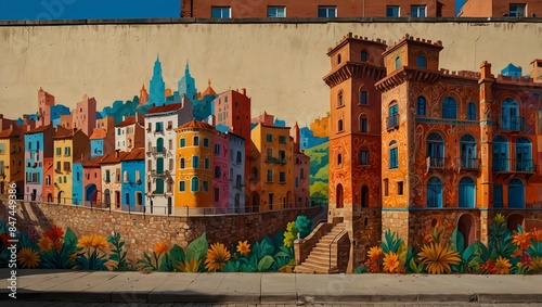  A mural adorning a city wall, capturing its vibrant colors and intricate details ai_generated