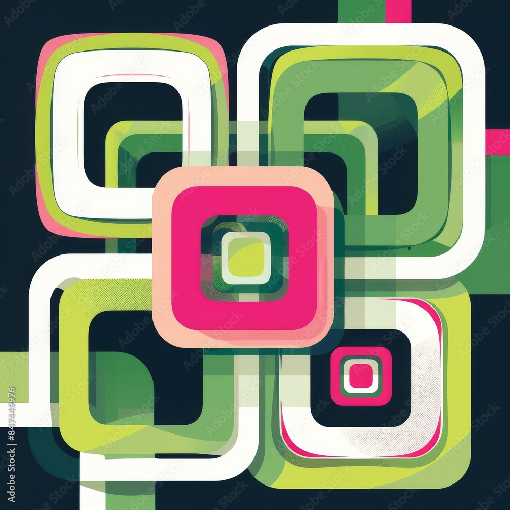 An abstract geometric background pattern with pink, green, and white colors and square shapes. An abstract geometric background pattern with pink, green, and white colors and square shapes.
