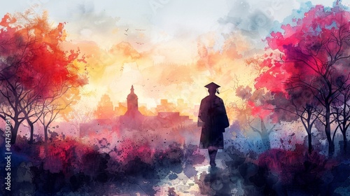 Silhouette of a graduate in cap and gown walking through a vibrant autumnal landscape towards a city at sunrise. Watercolor illustration © filirovska