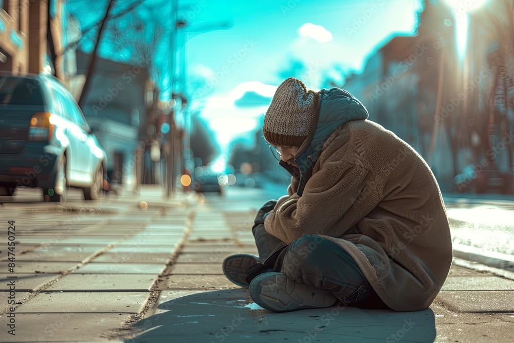 Homeless Person Sitting on Urban Sidewalk Homeless Person Sitting on Urban Sidewalk