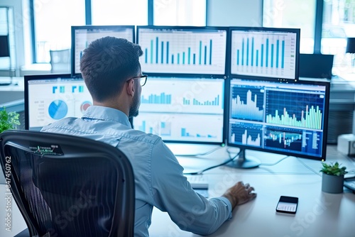 Financial Analyst Reviewing Data on Multiple Monitors photo