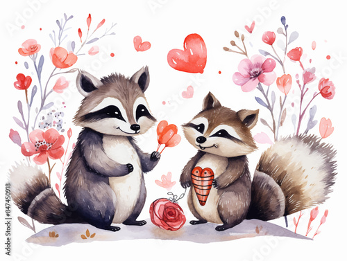 Raccoon watercolor animal. Wild mammal cute smile love in various action poses forest dweller exact vector cartoon funny mascot
