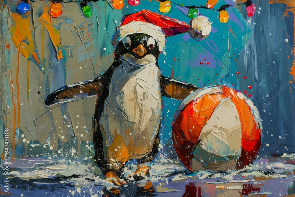 Obraz premium Penguin with a cardboard Santa hat, Pop Art, Bright colors, Sliding on ice with a beach ball and holiday lights, Christmas in July, Fun and lively