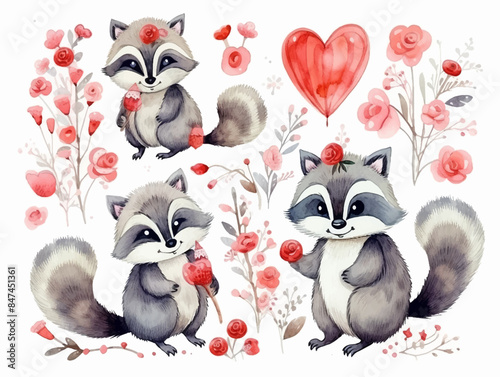 Raccoon watercolor animal. Wild mammal cute smile love in various action poses forest dweller exact vector cartoon funny mascot