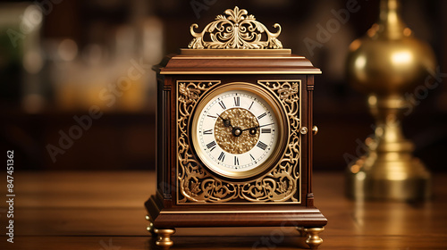 An ornate brass carriage clock resting on a mahogany desk, a symbol of refinement and elegance