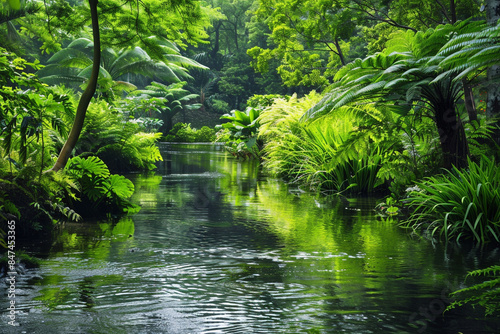 A peaceful riverbank with lush greenery, symbolizing a reflective and peaceful state of mind.