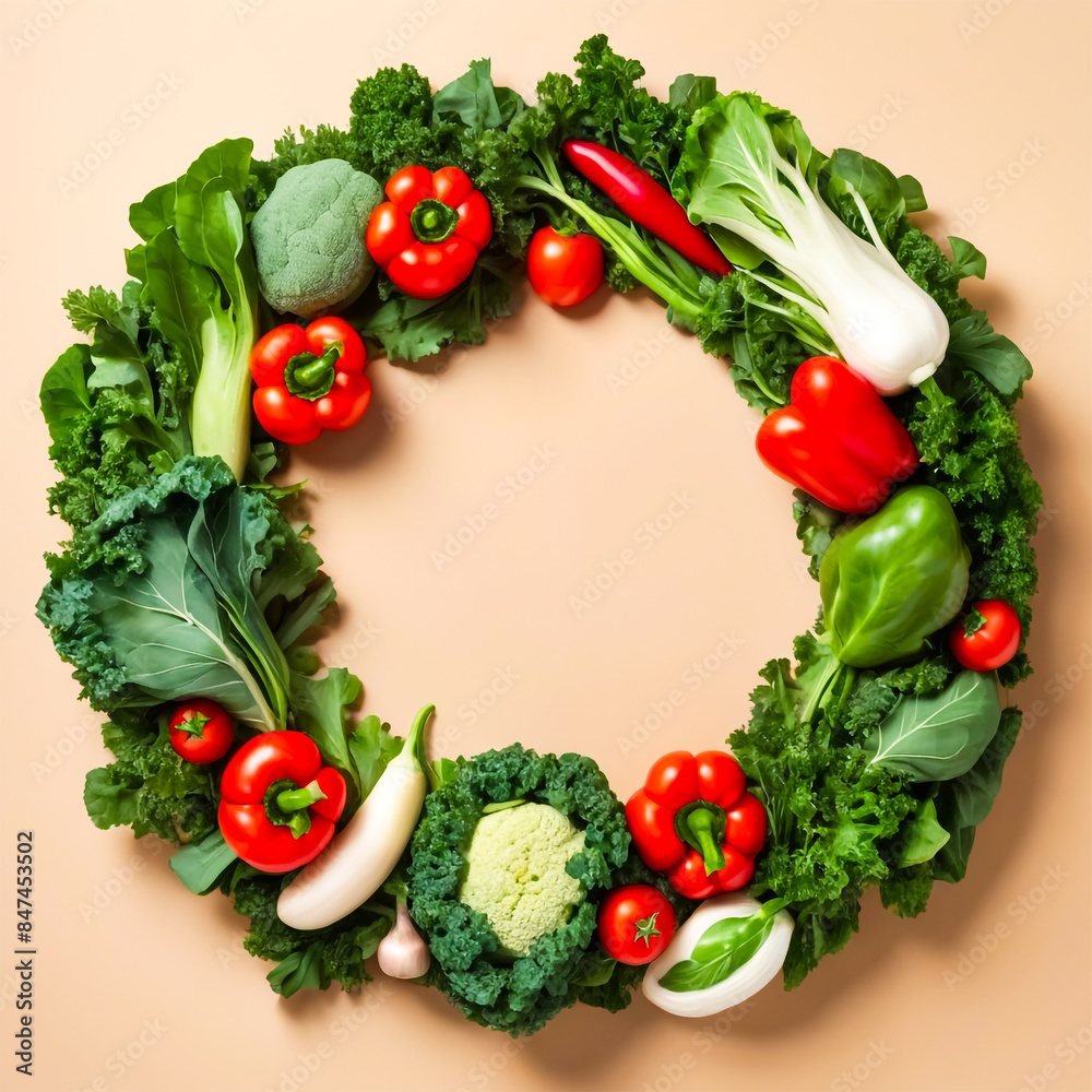 World Vegetarian Day Vegetable Wreath with Kale, Spinach, Peppers, and Tomatoes on Beige Background World Vegetarian Day Vegetable Wreath with Kale, Spinach, Peppers, and Tomatoes on Beige Background