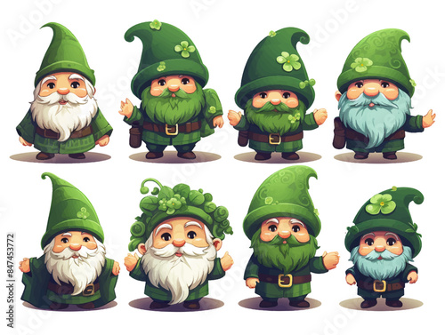 Set of draw vector illustration design gnome with Happy St Patrick's Day.Doodle cartoon style.