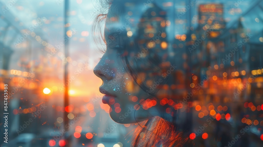 Artistic double exposure of a woman's profile juxtaposed with a vibrant cityscape at sunset, creating a dreamy, surreal atmosphere. Artistic double exposure of a woman's profile juxtaposed with a vibrant cityscape at sunset, creating a dreamy, surreal atmosphere.