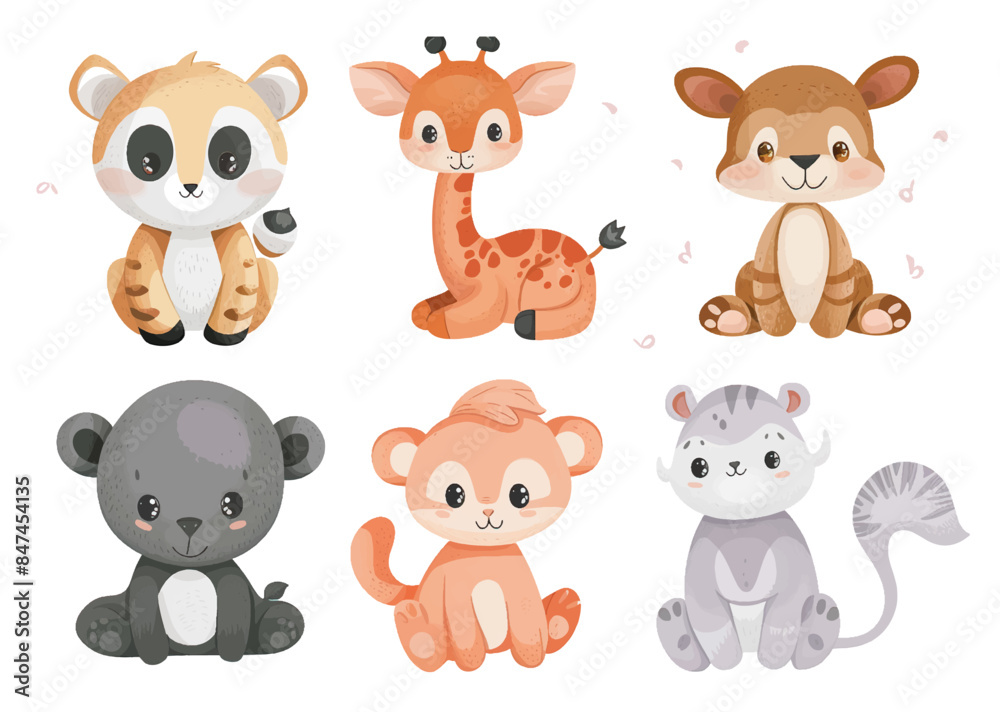 Set with cute woodland forest animals in cartoon style. Ideal kids design, for fabric, wrapping, textile, wallpaper, apparel on isolated white background Set with cute woodland forest animals in cartoon style. Ideal kids design, for fabric, wrapping, textile, wallpaper, apparel on isolated white background