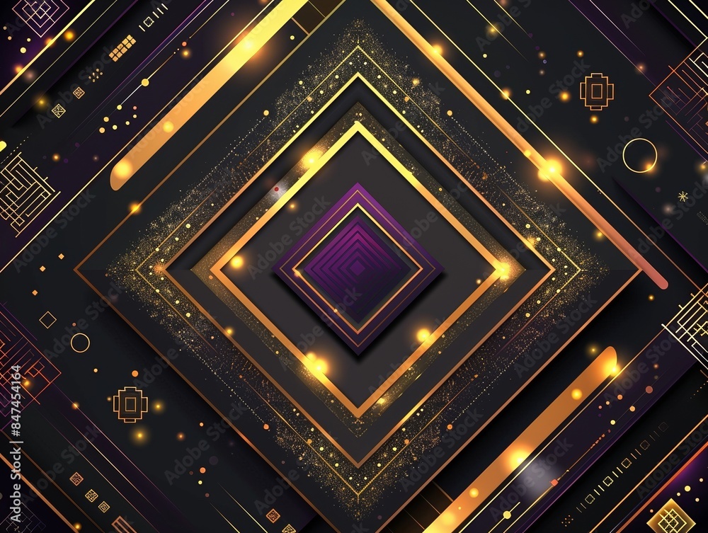 An abstract pattern of geometric shapes with squares and lines in purple, gold and black colors. An abstract pattern of geometric shapes with squares and lines in purple, gold and black colors.