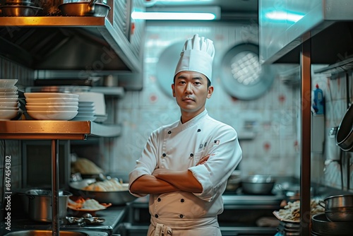 chef standing in the kitchen in the style of happycore photo