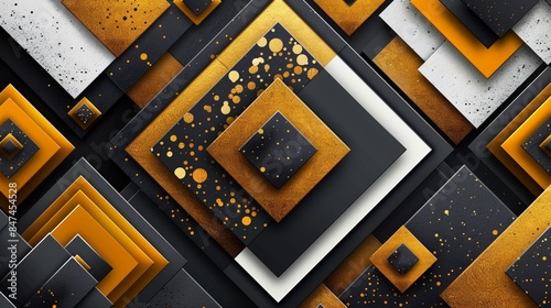 An abstract pattern of geometric shapes with squares and lines in purple, gold and black colors. 