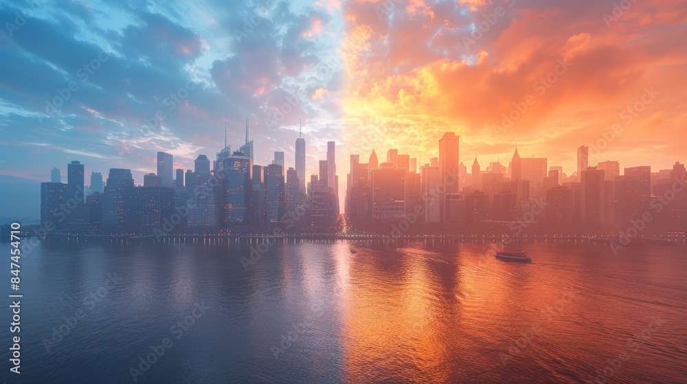 Breathtaking skyline with a stunning contrast of cool twilight and vibrant sunset hues, reflecting beautifully over the calm water surface. Breathtaking skyline with a stunning contrast of cool twilight and vibrant sunset hues, reflecting beautifully over the calm water surface.