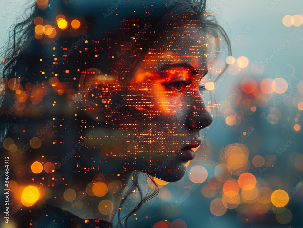 Double exposure of a thoughtful woman and city lights, blending technology and human elements in a surreal artistic composition. Double exposure of a thoughtful woman and city lights, blending technology and human elements in a surreal artistic composition.