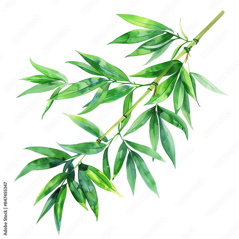 Obraz premium Watercolor illustration of green bamboo leaves on a branch, showcasing natural beauty and botanical design.