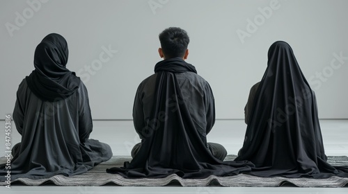 Minimalistic and elegant Ashura celebration, bright and clean, isolated on a white background. Featuring people in traditional attire praying, the scene captures cultural significance 