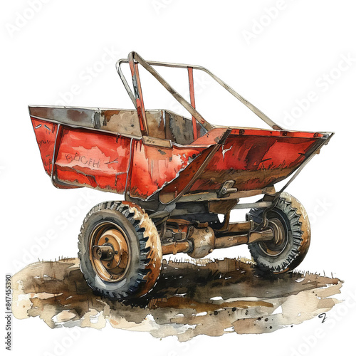 Watercolor painting of a vintage red wheelbarrow on a muddy ground, showcasing rustic charm and classic design with a touch of nostalgia.