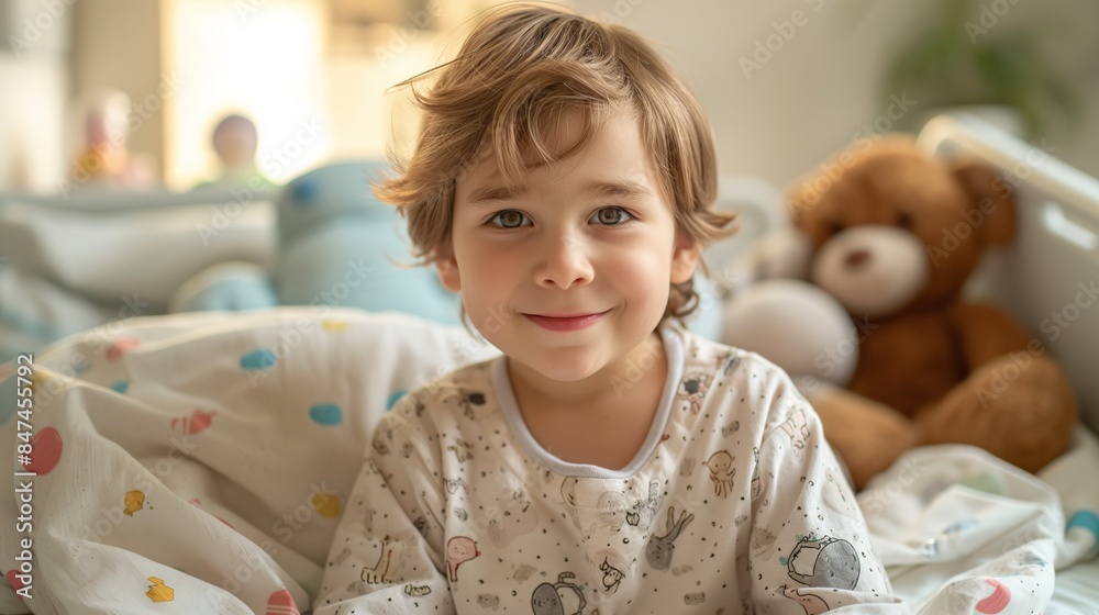 Featuring a close-up of a smiling child sitting on a hospital bed with toys around, the image highlights care and comfort. Featuring a close-up of a smiling child sitting on a hospital bed with toys around, the image highlights care and comfort.