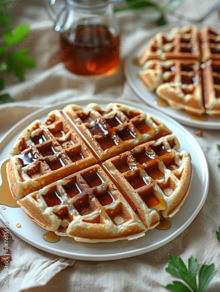 A delicious serving of waffles and syrup on a plate on a table with a linen tablecloth. A delicious serving of waffles and syrup on a plate on a table with a linen tablecloth.