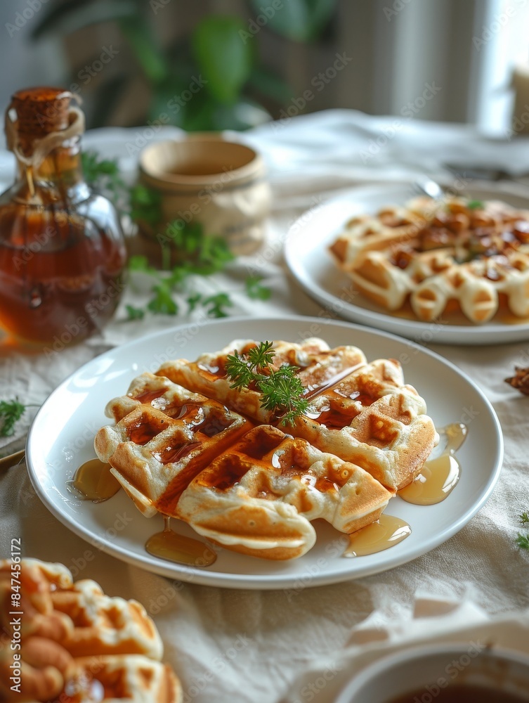 A delicious serving of waffles and syrup on a plate on a table with a linen tablecloth. A delicious serving of waffles and syrup on a plate on a table with a linen tablecloth.