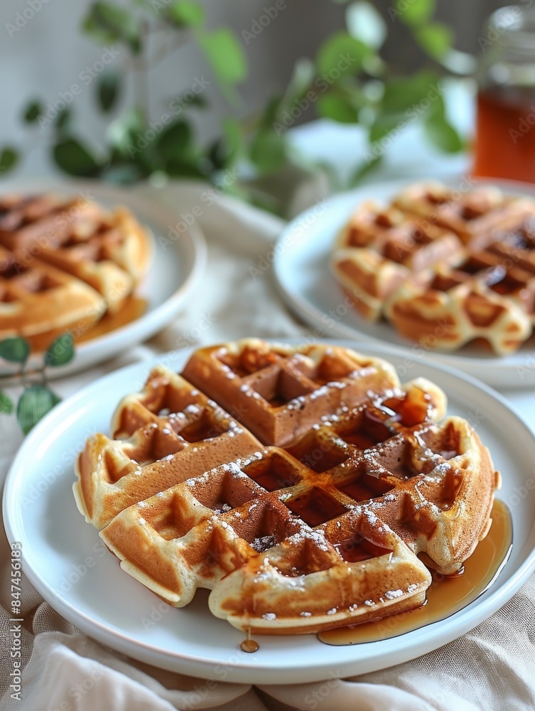 A delicious serving of waffles and syrup on a plate on a table with a linen tablecloth. A delicious serving of waffles and syrup on a plate on a table with a linen tablecloth.